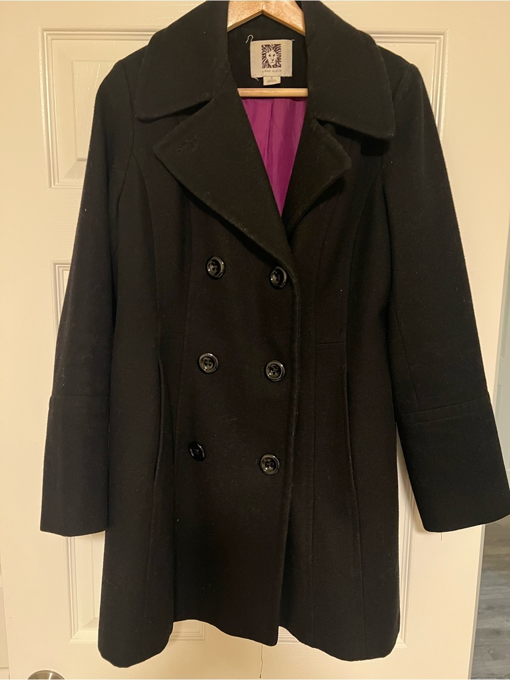 Anne Klein Black Wool Double-Breasted Pea Coat with Purple Lining Accent